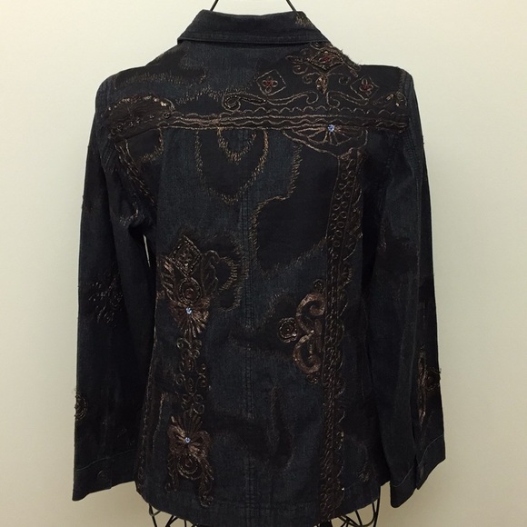 Black Denim Jean Embroidered Rhinestone Jacket M? - Picture 2 of 8